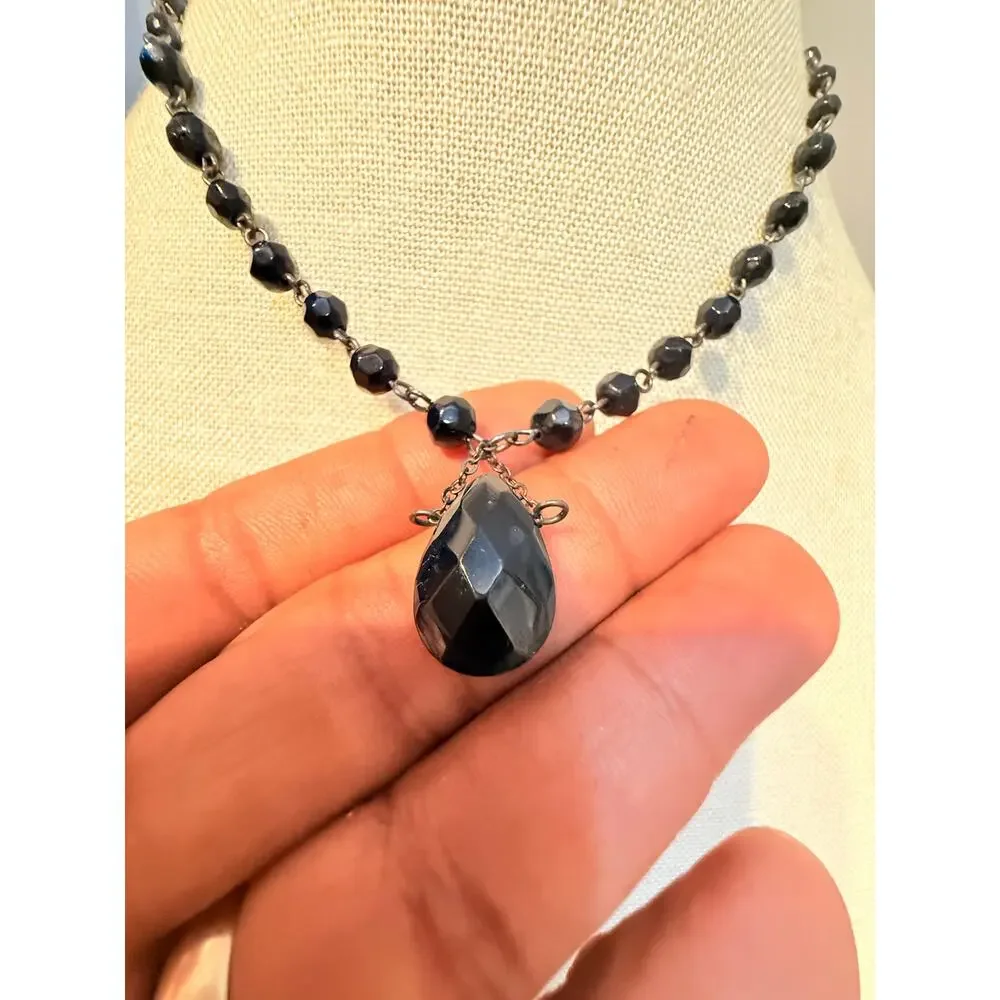 Vintage Black Bead Drop Necklace 14”+3”